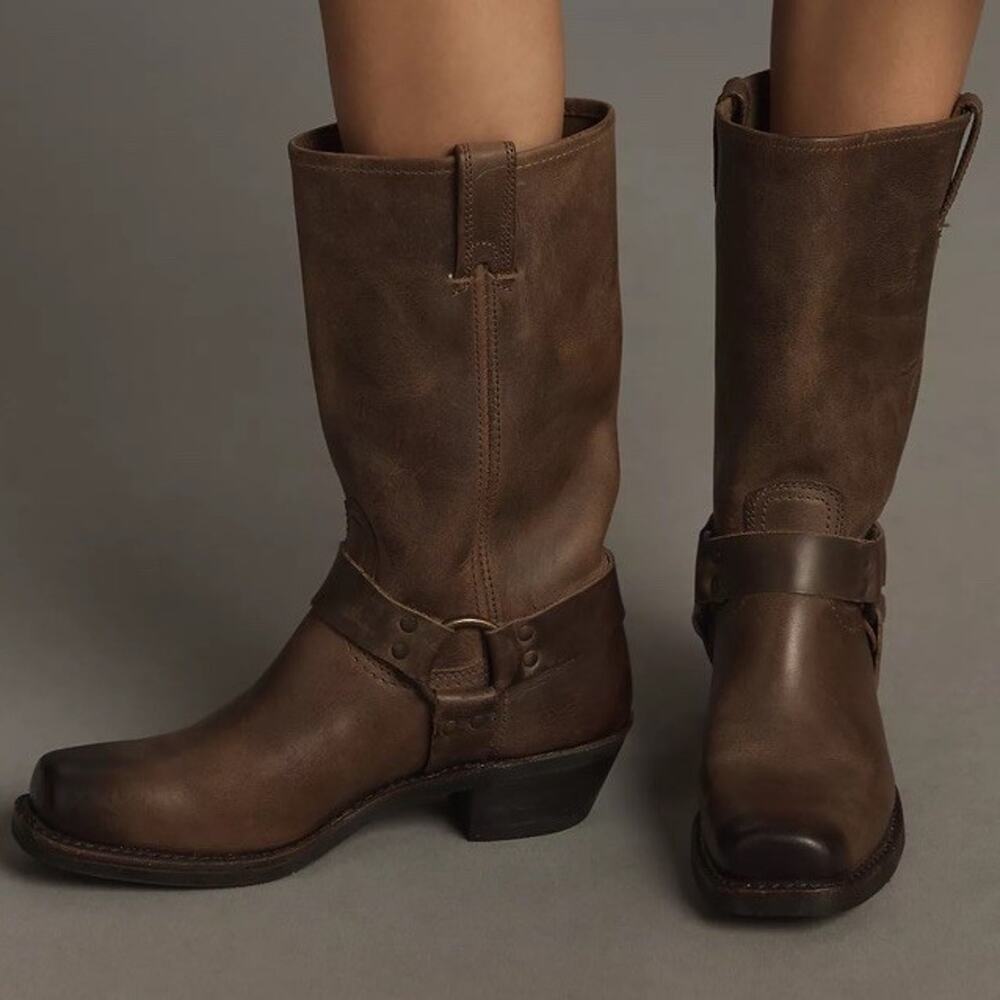Frye Brown Leather Harness Mid-Calf Boots